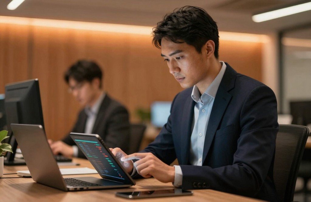 Executive reviewing analytics dashboards on widescreen display